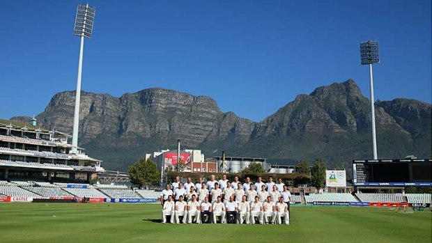 The Australian team poses for a team photograph before an Australian nets session at Newlands Stadium.