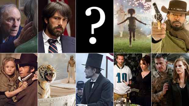 The nominees for best film (clockwise, from top right): <i>Amour</i>, <i>Argo</i>, <i>Beasts of the Southern Wild</i>, <i>Django Unchained</i>, <i>Les Miserables</i>, <i>Life of Pi</i>, <i>Lincoln</i>, <i>Silver Linings Playbook</i> and <i>Zero Dark Thirty</i>.