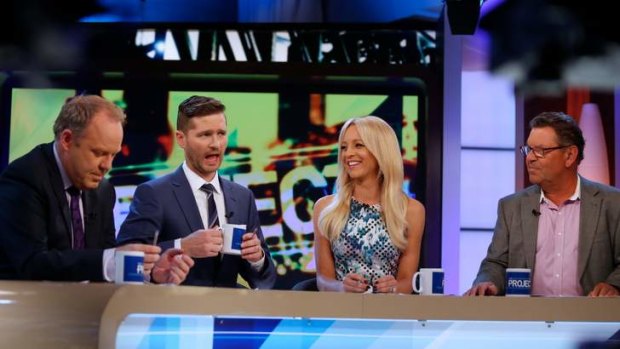 Charlie Pickering at his last show of the 7pm Project at Channel 10. Peter Helliar, Charlie Pickering, Carrie Bickmore, Steve Price. (L to R).