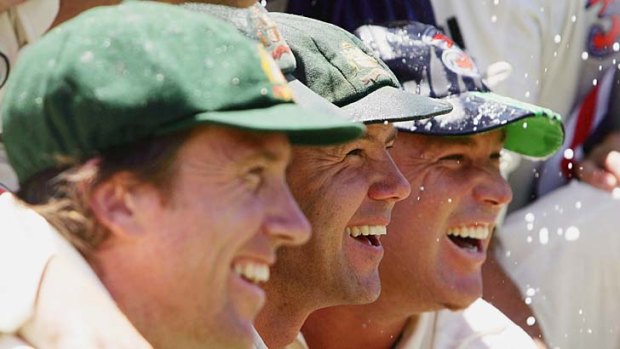 Last of the old guard ... Ricky Ponting, centre, pictured here with Glenn McGrath , left, and Shane Warne after Australia sealed a 5-0 Ashes victory in January 2007.