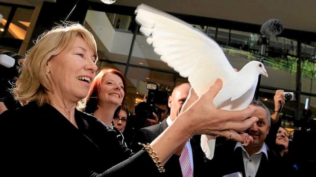 White dove ... Maxine McKew and Julia Gillard on the  campaign trail in 2010.