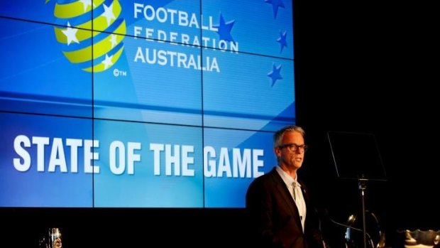 "I think football is uniquely placed": David Gallop delivers his speech on Thursday.