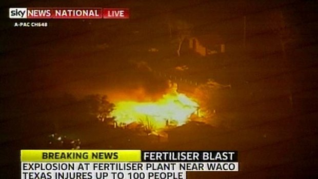 Huge explosion: the blaze at the fertiliser plant.