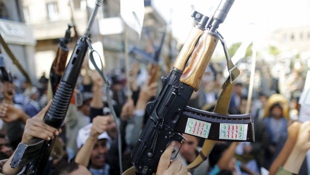 Houthis gather to protest the air-strikes in Yemen.