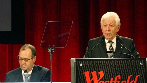 Upbeat: Westfield chairman Frank Lowy adresses shareholders in Sydney.
