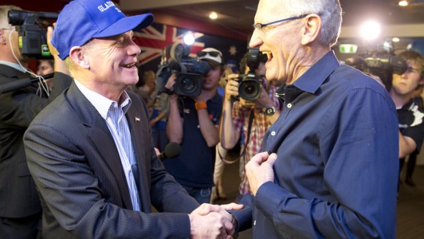 Queensland Premier Campbell Newman congratulates LNP candidate for Griffith Bill Glasson.