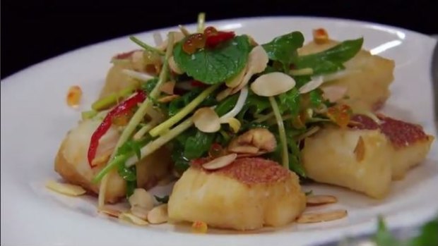 Pete's recipe of deep-fried coral trout salad and japanese dressing created by Della and Tully on MKR.