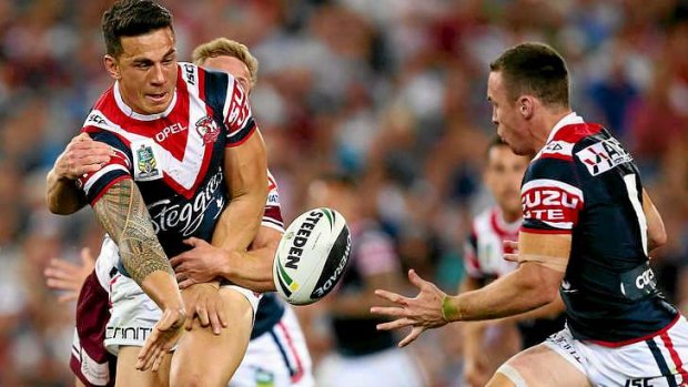 Sonny Bill Williams offloads  to James Maloney in the lead up to the try by Shaun Kenny-Dowell. The pair were integral to the Roosters comeback.
