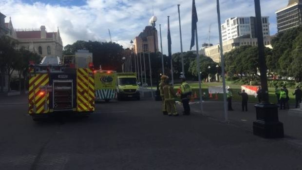 Fire, Police and Ambulance staff at the scene outside Parliament.