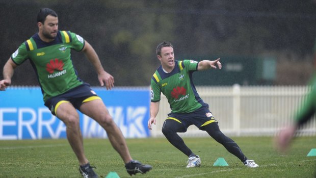  Canberra Raiders training in the rain at their Bruce HQ. Sam Williams, right and David Shillington.
June 16th 2015
The Canberra Times
Photograph by Graham Tidy.