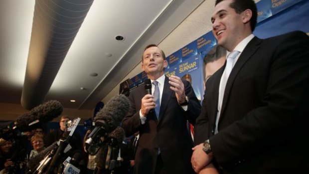 Opposition Leader Tony Abbott addresses the party faithful during a campaign office event in Ringwood, Victoria.