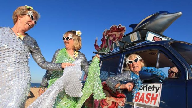 Broome or bust ... Viktorija McDonell, Elyse Cole and Beryl Driver at the wheel of their station wagon. They will join 110 other Variety NSW Bash cars and drive from Baulkham Hills to Broome.