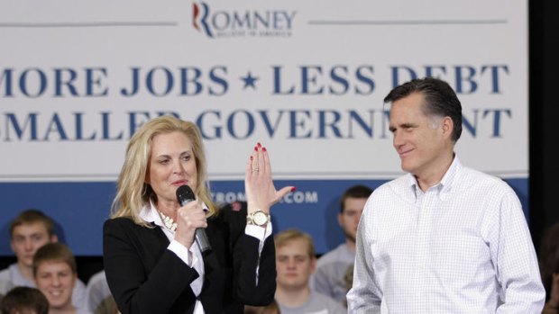 Ann Romney speaks at a rally with her husband Mitt.