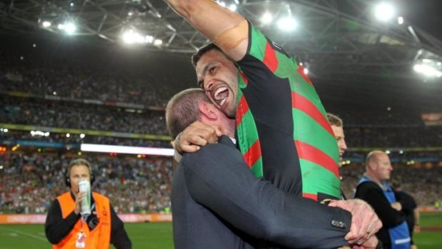 Pumped up: Greg Inglis, of the Rabbitohs, celebrates the famous win.
