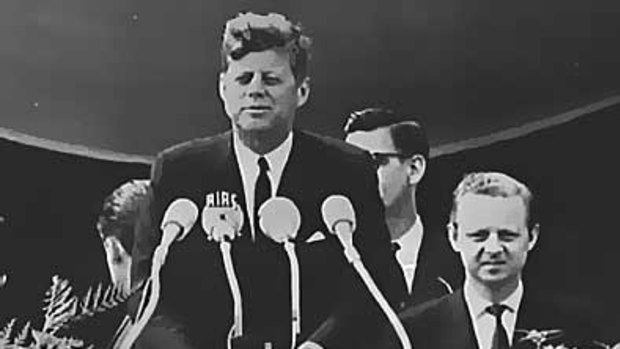 President Kennedy speaking in the square now called the John F. Kennedy Platz.