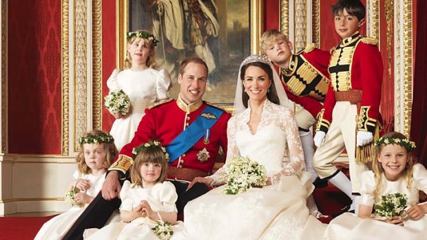 Prince William and his bride Catherine, Duchess of Cambridge, pose for an official photograph.