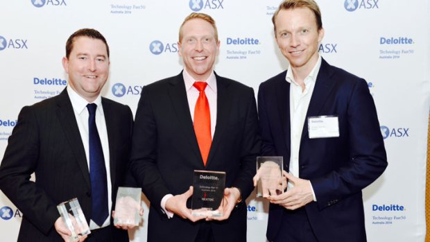 From left, James Spenceley CEO, Vocus Communications, a fifth time Tech Fast50 winner (seventh this year on the Leadership Awards); Craig Scroggie, CEO NEXTDC. the Deloitte 2014 Technology Fast 50 winner; and Jason Ashton CEO BigAir one of the DeloitteTech Fast 50.