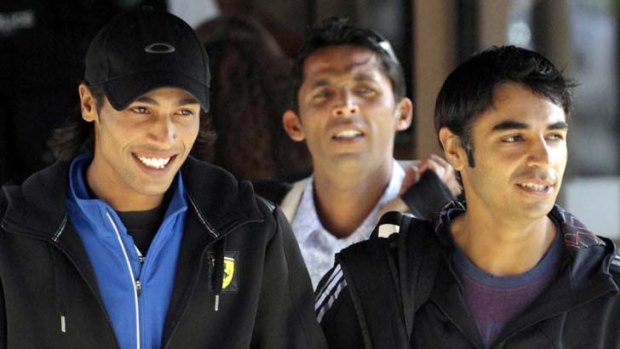 Match-fixing trio ... Pakistan cricket players Mohammad Amir, left, Salman Butt, right, and Mohammad Asif.