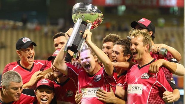 Taking care of business &#8230; the Sixers celebrate beating the Scorchers in the Big Bash League grand final in Perth on Saturday night. The win is sure to swell the side's coffers.