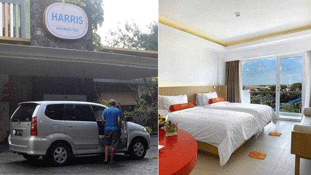 Outside the Harris hotel in Kuta and a typical room in the budget accommodation.