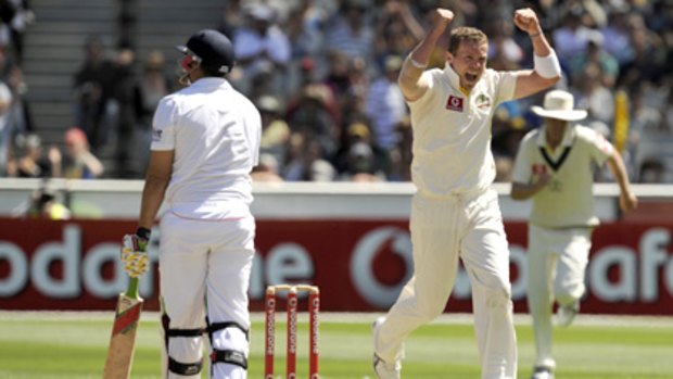 Peter Siddle celebrates his second wicket on day three, the removal of Tim Bresnan.