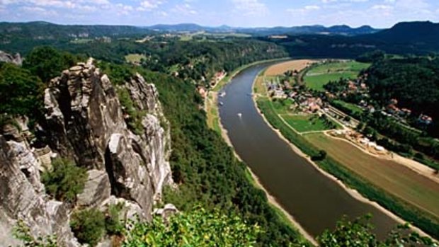 Elbe River and valley from a rocky outcrop of Bastei.