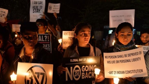 Indian rights activists demonstrate in Bangalore against the Supreme Court's decision to uphold section 377 of the penal code, which bans gay sex.