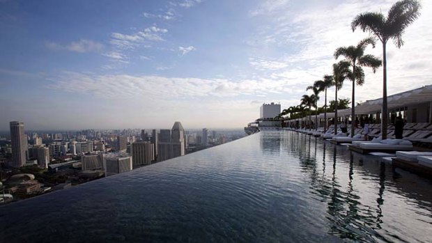 The view across the SkyPark pool atop the Marina Bay Sands resort in Singapore.