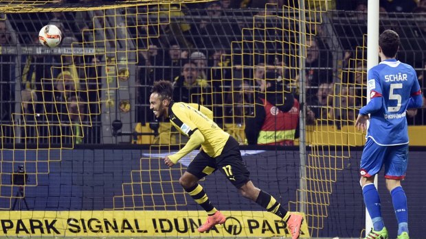 Dortmund's Pierre-Emerick Aubameyang scores.