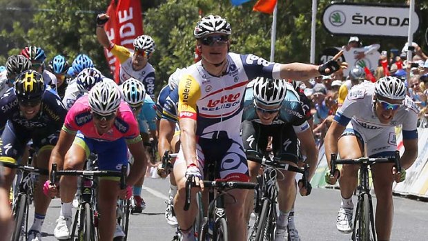 Sitting pretty ... Andre Greipel and a teammate back in the peloton salute the Lotto-Belisol victory in stage four in Tanunda.