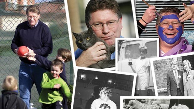 Clockwise from top left: Denis Napthine in 2001 as opposition leader at a Sydenham preschool; with his cat in 2006; supporting the 2012 Relay for Life campaign; with wife Peggy in 1985; wearing wool underpants at a Sheepvention in 1992; in a Winchelsea Young Farmers T-shirt; circa 1962 with under-10 srint trophy.