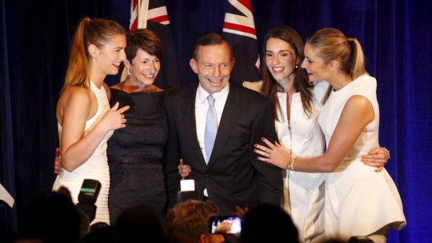 Tony Abbott with his family on election night at the Four Seasons hotel in Sydney.