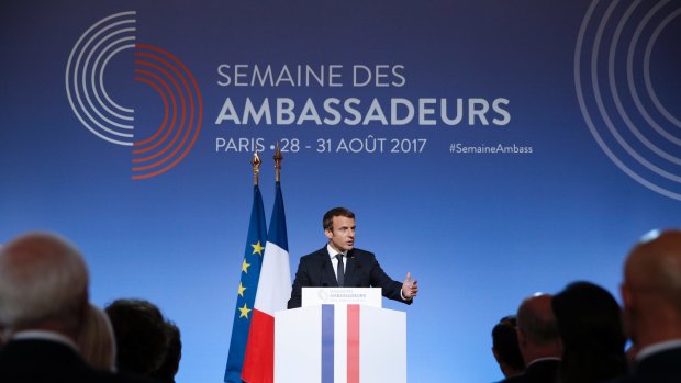French President Emmanuel Macron addresses French Ambassadors at the Elysee Palace in Paris on Tuesday.