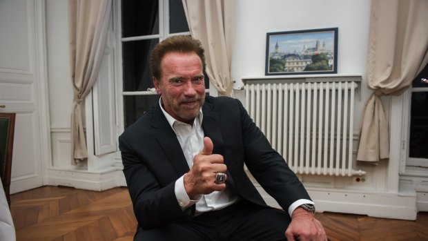 Former U.S. California Gov. Arnold Schwarzenegger at Sciences Po in Paris.
