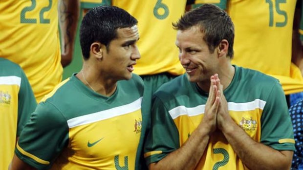 So how's Turkey? ... Tim Cahill and captain Lucas Neill, who were also teammates at English Premier League  club Everton briefly earlier this year,  catch up at a Socceroos photo call in Melbourne this week.