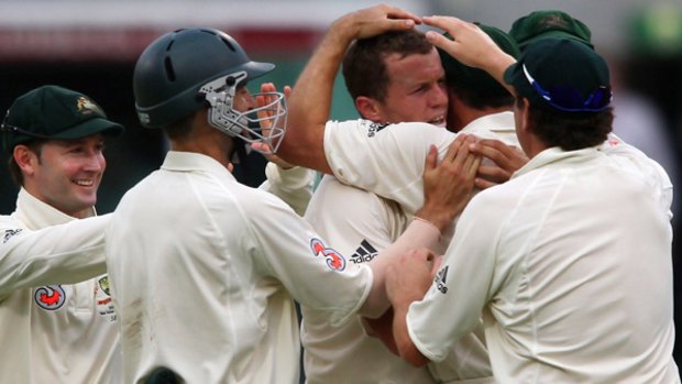 Peter Siddle celebrates a West Indian wicket.