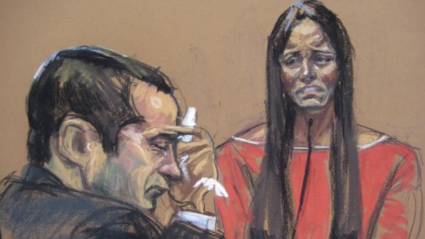 Former New York City police officer Gilberto Valle, dubbed by local media as the "Cannibal Cop", listens as his wife Kathleen Mangan testifies in this courtroom sketch.