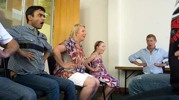 Deep breath &#8230; Rohit Shah, Tania Wright, Hayley Ramsay and Chris Gerraty take part in a McGuire stuttering exercise.