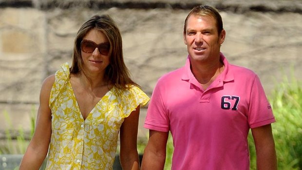 Furious ... Shane Warne, with fiancee Liz Hurley, in Melbourne on January 5.