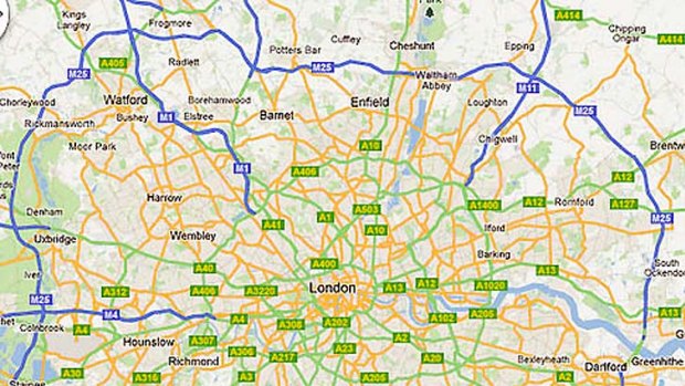 The M25 circles around London.