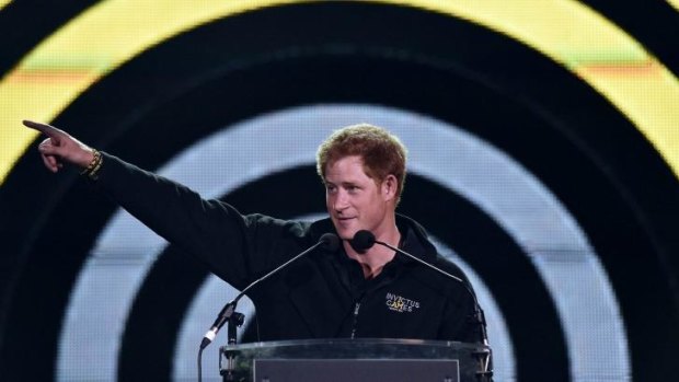 Britain's Prince Harry speaks on stage during the closing ceremony for the Invictus Games
