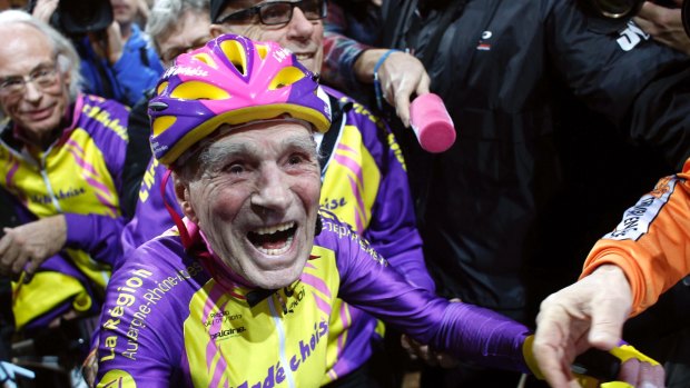 French cyclist Robert Marchand, reacts after setting a record for distance cycled in one hour, at the velodrome of Saint-Quentin en Yvelines, outside Paris in January.