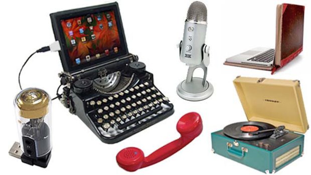 Clockwise from top left, the U.S.B typewriter, the Yeti THX-certified microphone, the BookBook MacBook Pro case, the Crosley portable U.S.B. turntable, the ThinkGeek Bluetooth handset and the Surround-sound X-Tube.