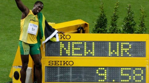Usain Bolt celebrates a new world record in Berlin in 2009.