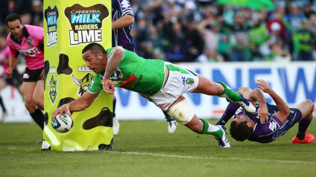 Green machine: Paul Vaughan scores the winner for Canberra against Melbourne on Easter Sunday.