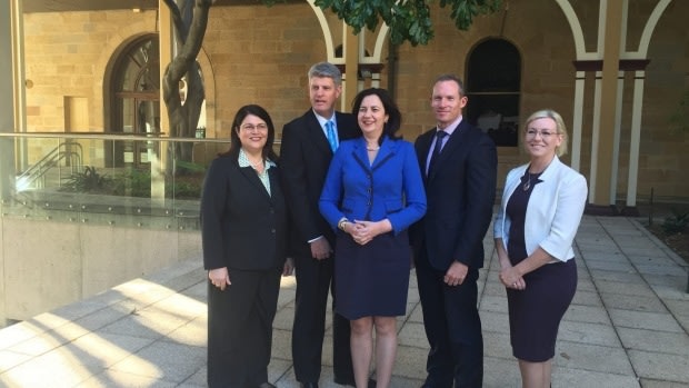 Premier Annastacia Palaszcauk with her new ministers. From left are Grace Grace, Stirling Hinchliffe, Ms Palaszczuk, Mick de Brenni and Leanne Donaldson.