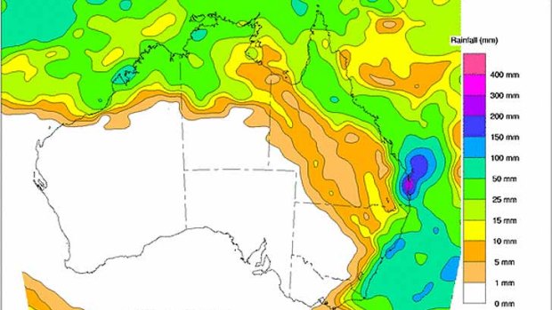'The rainband is weakening' ... the total forecast rainfall from today to Thursday, March 8 from the Bureau of Meteorology.