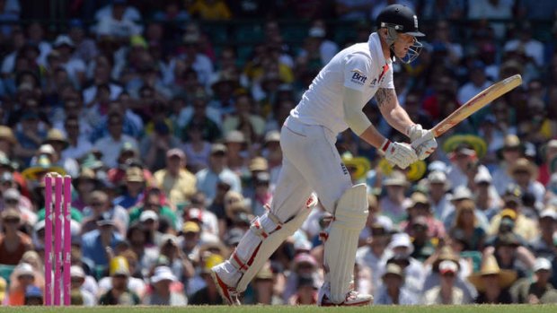 England's batsman Ben Stokes is clean bowled off Australia's paceman Peter Siddle.
