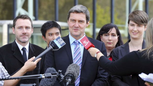 Outside the court before proceedings started. Ivan Hinton and Chris Teoh, National Director of Australian Marriage Equality, Rodney Croome (at the microphone), Donna Goddard, national spokesperson for PFLAG and lawyer, Anna Brown.