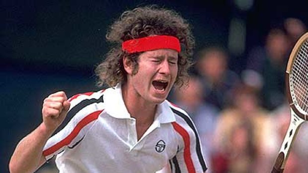 King of the racquet-throwing tantrum, John McEnroe, reacts to an umpire's call at Wimbledon in 1980.